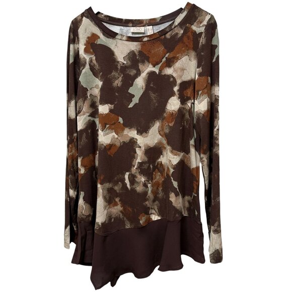 LOGO Lori Goldstein Tunic Top Brown Print Chiffon Ruffle Long Sleeve Tee NWOT - Picture 1 of 7